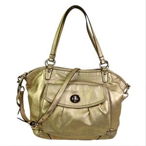 Coach Metallic Gold Leather Shoulder Bag with Front Turn-Lock